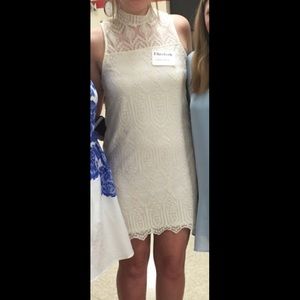 high neck cream lace body con dress